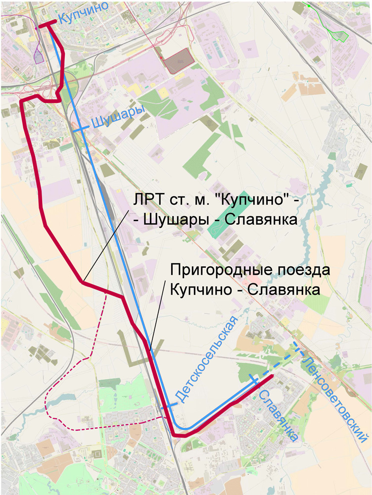Красная сплошная - существующая трассировка, красная пунктирная - вариант трассировки с захватом Пушкина, синяя - вариант с восстановлением Колпинской ветки